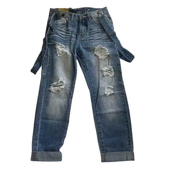 MACHINE Nouvelle Mode Women's Distressed Suspender Cotton Shredded Jeans Size 26 - Picture 2 of 7